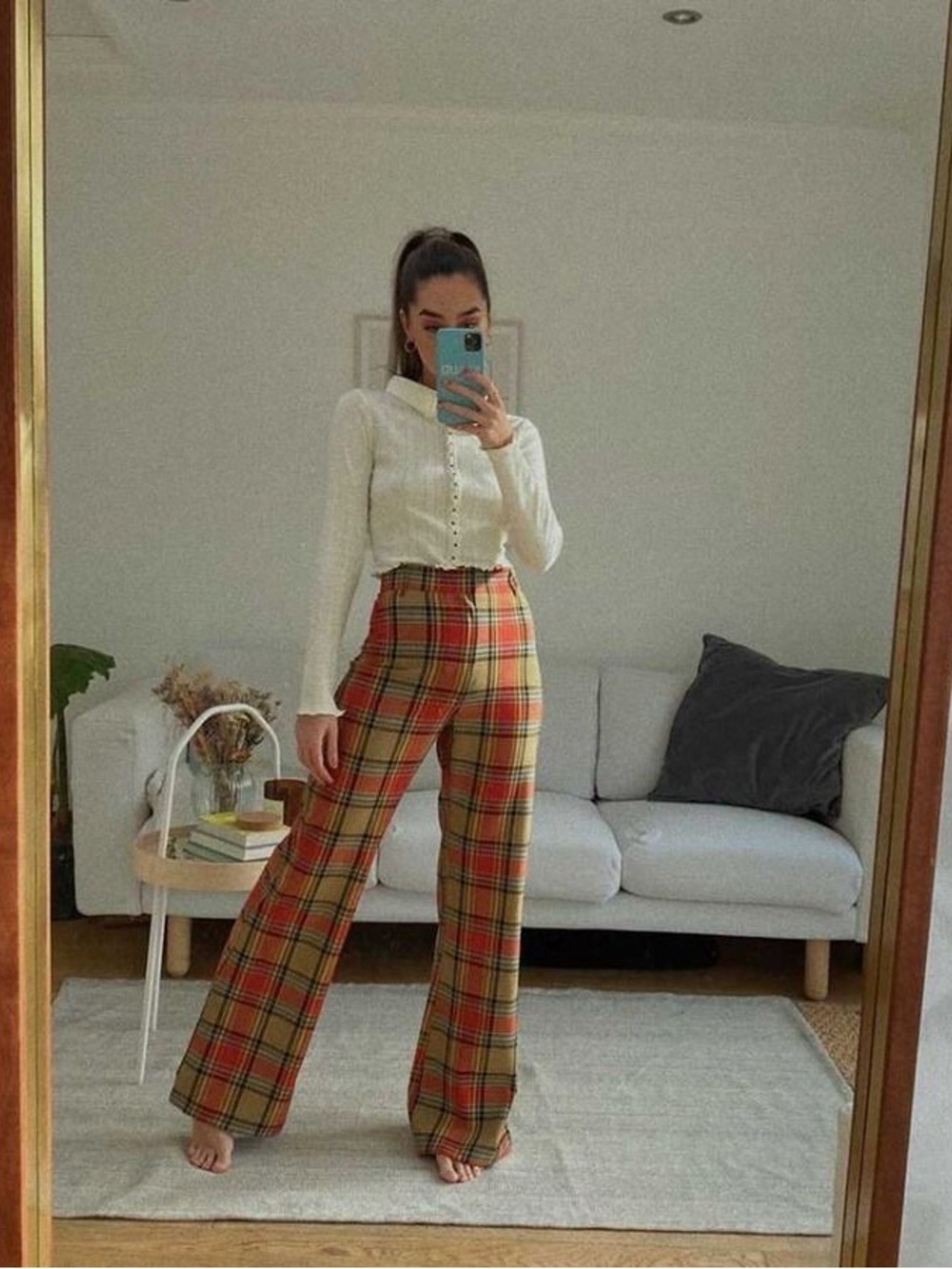 Free People Plaid Jules Pants Red and Tan Boot-Cut